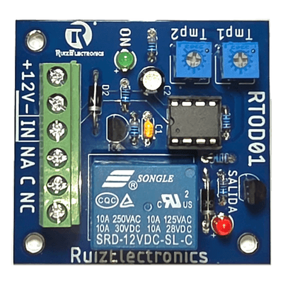 Tarjeta Temporizadora RTOD01 / Retardo 0-60 segundos / Duración 0-60 segundos / Alimentación 12VDC / Salida Relevador NA-NC-C / Indicadores LED