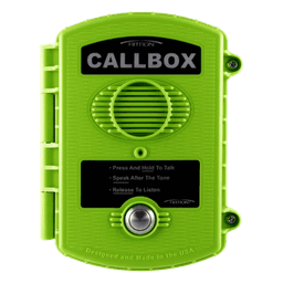 Callbox Inalámbrico UHF / Frecuencia 450-470 MHz / Gabinete IP57 Policarbonato / Alimentación Baterías D o Externa / Antena Interna Ajustable / Botón PTT Antivandálico
