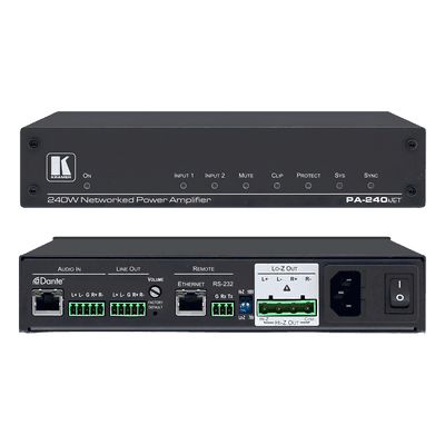 Amplificador de Potencia / 240W / Dante Integrado / Hi-Z 70V/100V y Lo-Z 4Ω/8Ω / DSP 32 bits 96 kHz / Control RS-232 e IP