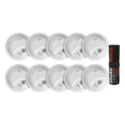 Kit de 10 Detectores de Humo Autónomos FIRST ALERT por Ionización / Alarma 85 dB / Botón Prueba y Silencio / Probador SABRE SDI
