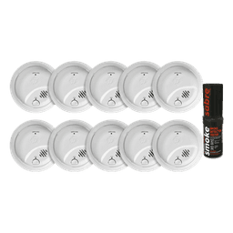 Kit de 10 Detectores de Humo Autónomos FIRST ALERT por Ionización / Alarma 85 dB / Botón Prueba y Silencio / Probador SABRE SDI