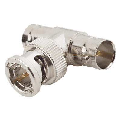 Adaptador en T para 50 Ohm de BNC Macho a Doble BNC Hembra, Maquinado, Níquel/ Oro/ Teflón.
