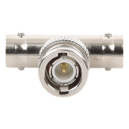 Adaptador en T para 50 Ohm de BNC Macho a Doble BNC Hembra, Troquelado, Níquel/ Oro/ Delrin.