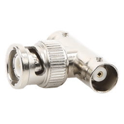 Adaptador en T para 50 Ohm de BNC Macho a Doble BNC Hembra, Troquelado, Níquel/ Oro/ Delrin.