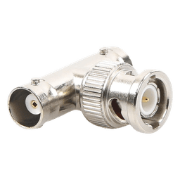Adaptador en T para 50 Ohm de BNC Macho a Doble BNC Hembra, Troquelado, Níquel/ Oro/ Delrin.