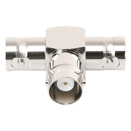 Adaptador Triple en T para 50 Ohm de BNC Hembra a Doble BNC Hembras, Níquel/ Plata/ Teflón.