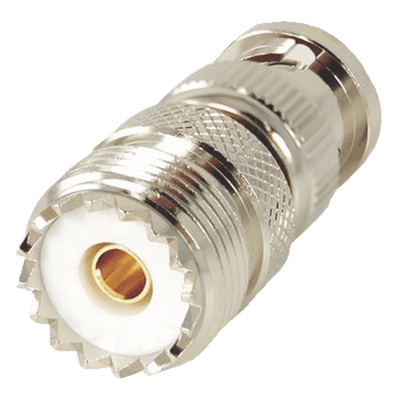 Adaptador en Linea para 50 Ohm, Conector BNC Macho-UHF Hembra (SO-239), Níquel/ Oro/ Delrin.