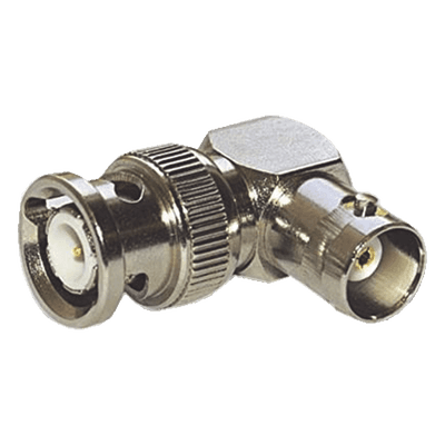 Adaptador en Ángulo Recto para 75 Ohm, de Conector BNC Macho a BNC Hembra (Monitor), Níquel/ Oro/ Teflón.