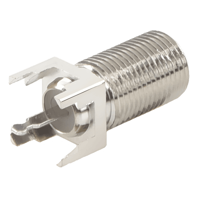 Conector F Hembra para PCB de Montaje Vertical, Níquel/ Estaño/ Polietileno.