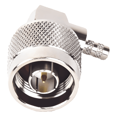 Conector Coaxial N Macho / Ángulo Recto / Anillo Plegable / Cables RG-58/U, RG-142/U, LP-195 / Níquel / Oro / Teflón