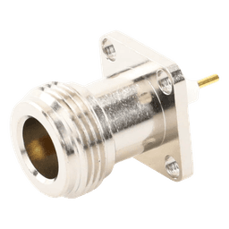 Conector N Hembra de Montaje de Panel con 4 perforaciones a 12.7 mm, soldable.
