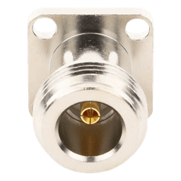 Conector N Hembra de Montaje de Panel con 4 perforaciones a 12.7 mm, soldable.