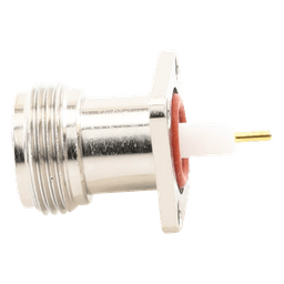 Conector N Hembra de Montaje de Panel con 4 perforaciones a 12.7 mm, soldable.
