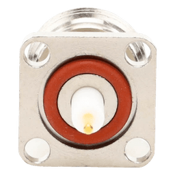 Conector N Hembra de Montaje de Panel con 4 perforaciones a 12.7 mm, soldable.
