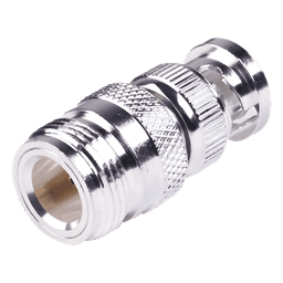 Adaptador en Linea para 50 Ohm, de Conector N Hembra a BNC Macho, Plata /Oro /Teflón.