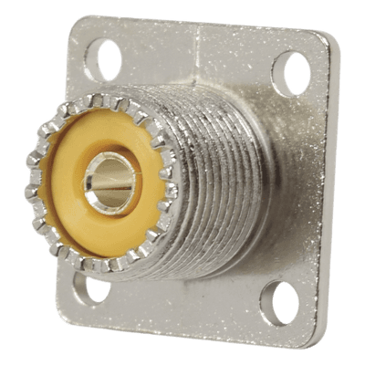 Conector UHF Hembra (SO-239), para Montaje en Chasis con 4 perforaciones a 18 mm, Terminal Soldable, Níquel/ Plata/ Delrin.