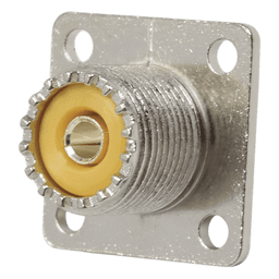 Conector UHF Hembra (SO-239), para Montaje en Chasis con 4 perforaciones a 18 mm, Terminal Soldable, Níquel/ Plata/ Delrin.