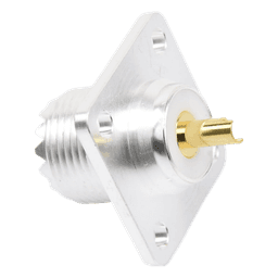  Conector UHF Hembra (SO-239) para Montaje de Chasis con 4 Hoyos a 18 mm, Terminal Soldable, Plata/ Oro/ Teflón.
