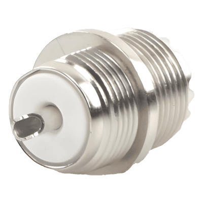 Conector UHF Hembra (SO-239) en Línea, Montaje Frontal en D Plano, Níquel/ Plata/ Baquelita.