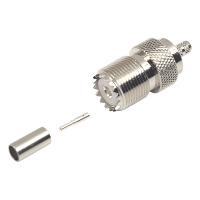 Conector UHF Hembra (SO-239) en Línea, de Anillo Plegable para Cable RG-58/U, RG-142/U, Níquel/ Plata/ Delrin.