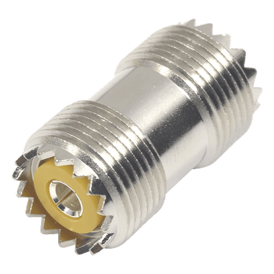 Adaptador Barril en Línea, de Conector UHF Hembra (SO-239) a UHF Hembra (SO-239), Niquel/ Plata/ Dap.