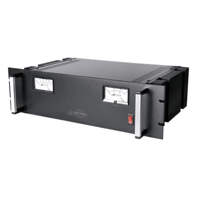 Fuente de poder 13.8Vcc, 50A, lineal regulada con circuito cargador de baterías, medidores, para instalación en rack