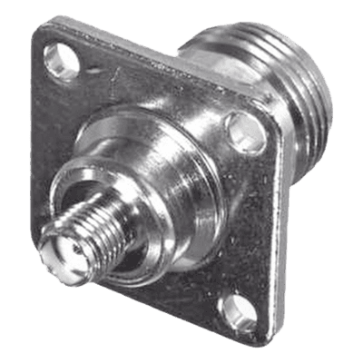 Adaptador en Línea para Panel de SMA Hembra a N Hembra, Montaje Trasero para 18 mm entre Centros, Níquel/ Oro/ Teflón.