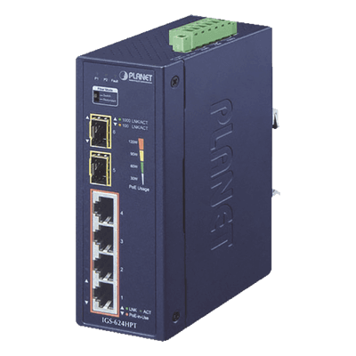 Switch PoE Industrial No Administrable de 4 Puertos PoE 10/100/1000T 802.3at, 2 Puertos SFP 10/1000X