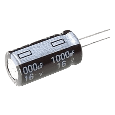 Capacitor Electrolítico de Aluminio, Radial de 1000 µFd, 16 Vcc, 105 °C, 10 x 15 mm.