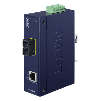Convertidor de Medios Industrial, Multimodo, Puertos 10/100 Base-TX a 100 Base-FX, Interfaz SC, Hasta 2 km, Carcasa IP30, Soporta Temperatura de -40 a 75°C.