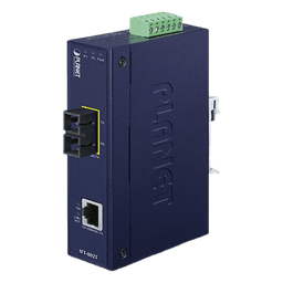 Convertidor de Medios Industrial, Multimodo, Puertos 10/100 Base-TX a 100 Base-FX, Interfaz SC, Hasta 2 km, Carcasa IP30, Soporta Temperatura de -40 a 75°C.