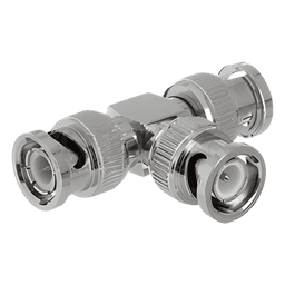 Adaptador de Triple conectores BNC macho para uso en sistemas de video vigilancia en aplicación con cables coaxiales RG-59/ RG-6, Níquel/ Oro/ Politetrafluoroetileno.