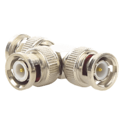 Adaptador de Triple conectores BNC macho para uso en sistemas de video vigilancia en aplicación con cables coaxiales RG-59/ RG-6, Níquel/ Oro/ Politetrafluoroetileno.