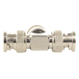 Adaptador de Triple conectores BNC macho para uso en sistemas de video vigilancia en aplicación con cables coaxiales RG-59/ RG-6, Níquel/ Oro/ Politetrafluoroetileno.