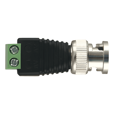 Adaptador de conector BNC macho a 2 terminales-tornillo para cables AWG-26-14, en aplicaciones Video Vigilancia, Níquel/ Oro/  PTFE y PVC.