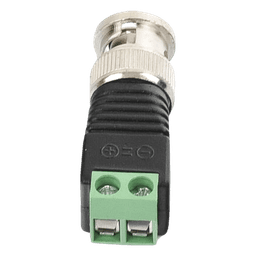 Adaptador de conector BNC macho a 2 terminales-tornillo para cables AWG-26-14, en aplicaciones Video Vigilancia, Níquel/ Oro/  PTFE y PVC.