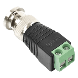 Adaptador de conector BNC macho a 2 terminales-tornillo para cables AWG-26-14, en aplicaciones Video Vigilancia, Níquel/ Oro/  PTFE y PVC.