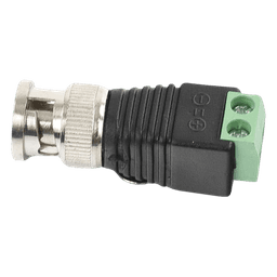Adaptador de conector BNC macho a 2 terminales-tornillo para cables AWG-26-14, en aplicaciones Video Vigilancia, Níquel/ Oro/  PTFE y PVC.