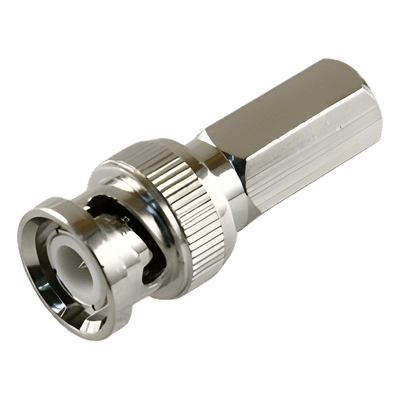 Conector BNC Macho de Ensamble Roscable (Hex.) en Sentido de las Manecillas de Reloj para Cable Coaxial RG-59/U, Níquel/ Oro/ Delrin.