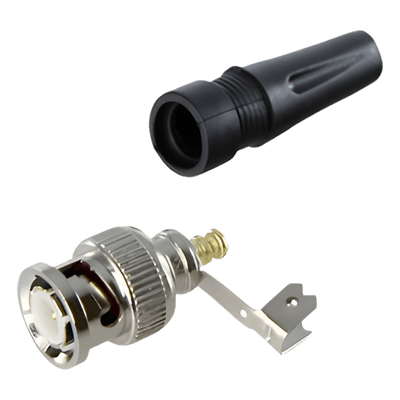 Conector BNC macho en 75 Ohm, para cable coaxial RG-59 / Con base de alivio negra de PVC, Níquel/ Oro/ PTFE.