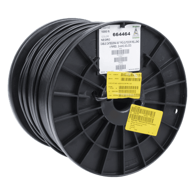 Bobina de 305 Metros (1000 Pies) Cat5e con Gel para Exterior, Color Negro, para Aplicaciones en Sistemas de Redes de Datos y Cableado Estructurado. Uso Intemperie.