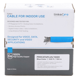Cable Cat6+ Calibre 23 Alto Rendimiento, ETL, UL, Color Azul, de 100 Metros (328.08 Pies), Super Flexible, para Aplicaciones de CCTV, Video HD, y Redes de Datos.