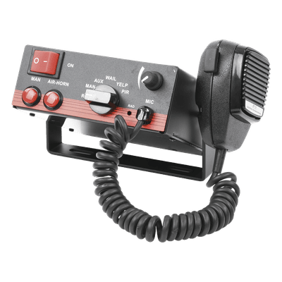 Sirena Vehicular de 100W de Potencia, Con Switch Giratorio de 6 posiciones, Micrófono de Uso Rudo e Interconexión a Radio