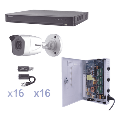 KIT TurboHD 1080p / DVR 16 Canales / 16 Cámaras Bala (exterior 2.8 mm) / Transceptores / Conectores / Fuente de Poder Profesional