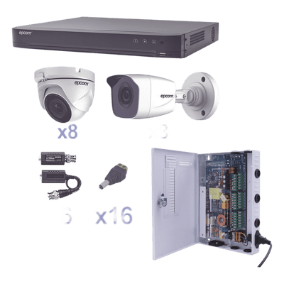 KIT TurboHD 1080p / DVR 16 Canales / 8 Cámaras Bala (exterior 2.8 mm) / 8 Cámaras Eyeball (exterior 2.8 mm) / Transceptores / Conectores / Fuente de Poder Profesional