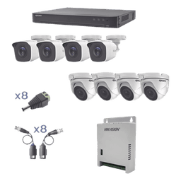 KIT TurboHD 1080p / DVR 8 Canales / 4 Cámaras Bala (exterior 2.8 mm) / 4 Cámaras Eyeball (exterior 2.8 mm) / Transceptores / Conectores / Fuente de Poder Profesional hasta 15 Vcc para Largas Distancias