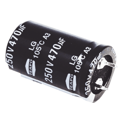Capacitor Electrolítico de Aluminio, Radial de 470 µFd, 250 Vcc, 105 °C, 25 x 40 mm.