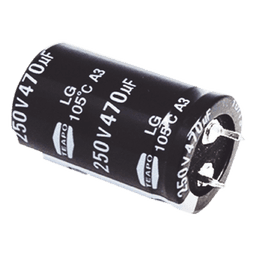 Capacitor Electrolítico de Aluminio, Radial de 470 µFd, 250 Vcc, 105 °C, 25 x 40 mm.