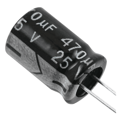 Capacitor Electrolítico de Aluminio, Radial de 470 µFd, 25 Vcc, 105 °C, 8  x 15 mm.