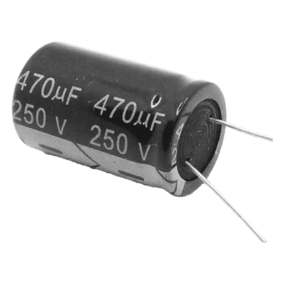 Capacitor Electrolítico de Aluminio, Radial de 470 µFd, 250 Vcc, 105 °C, 25 x 40 mm.